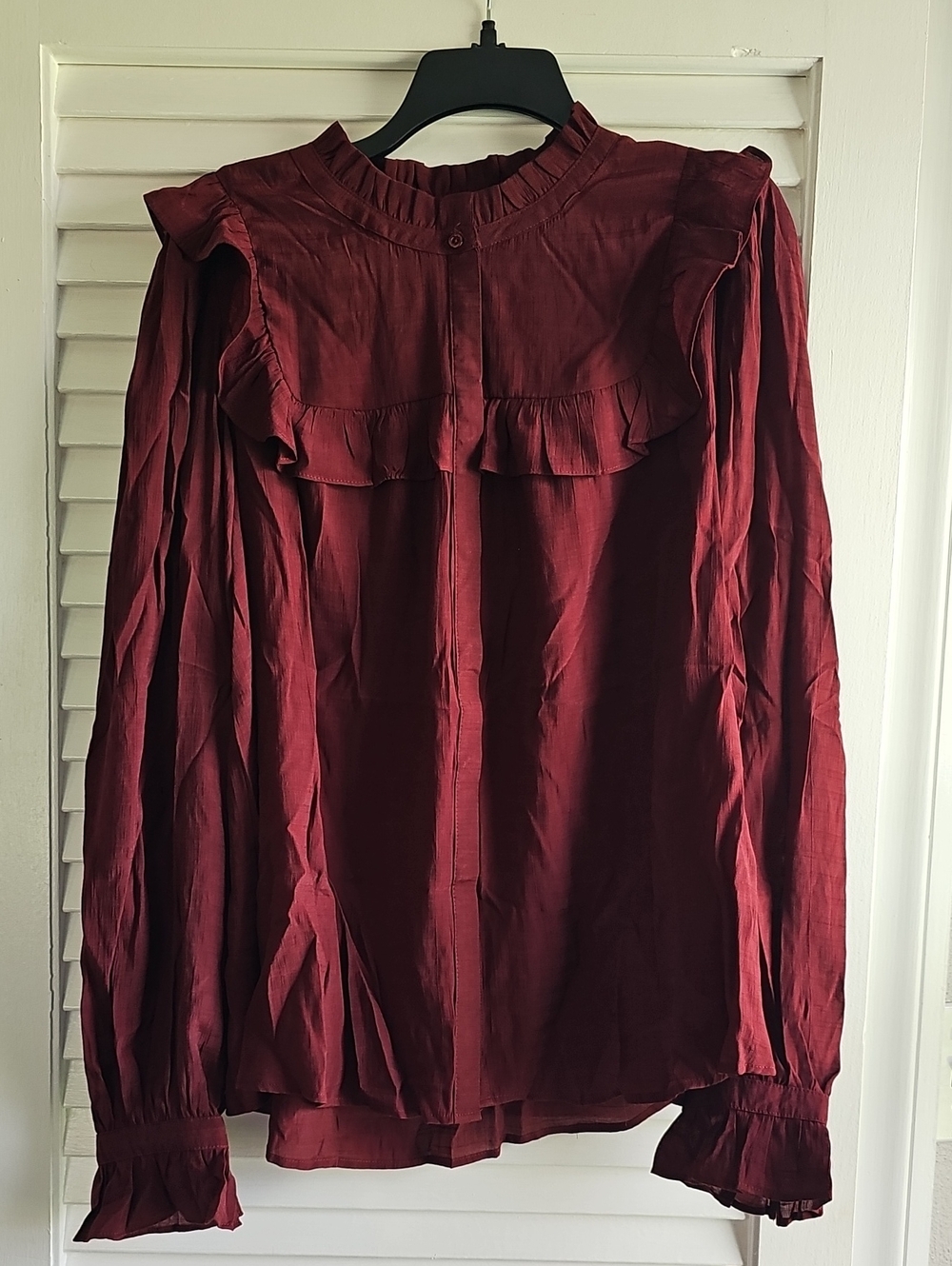 Wonderly Ruffle Yoke Long Sleeve Top - Burgundy